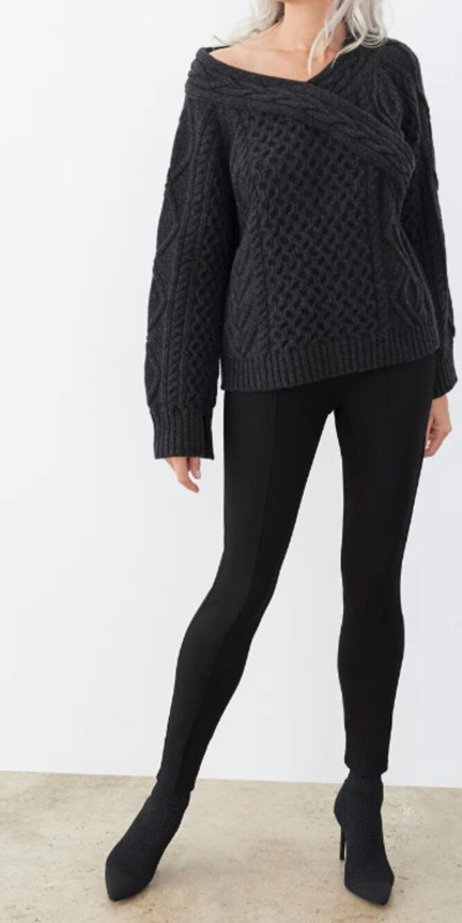 GSTQ Sweater Women's S Charcoal Grey Off the Shoulder Cable Knit Superfine Wool